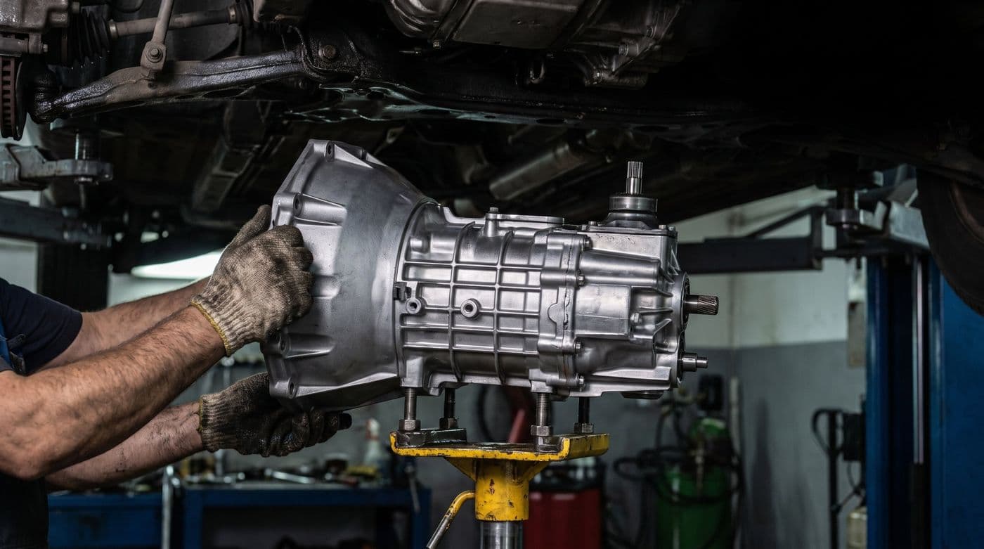 Mechaniker baut ein Getriebe auf einem Getriebeheber aus