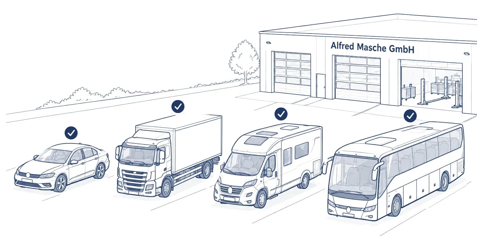 Linienzeichnung: PKW, LKW, Wohnmobil und Bus geprüft und repariert vor der Halle der Alfred Masche GmbH